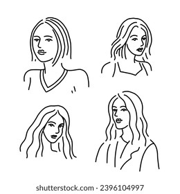 Young women shoulder en face sketch portraits. Black line vector illustration set.