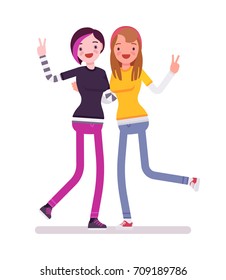 Young women showing v-sign. Social gathering and enjoyable activity together. Youth community and volunteer team concept. Vector flat style cartoon illustration, isolated, white background