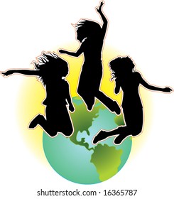 young women silhouette jumping against background of sunny planet earth vector illustration