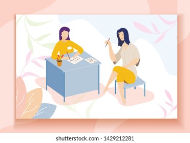 Young Women Sit at Table with Pens Cartoon. Female Worker and Visitor. Ladies Discussing Exchange Materials, Working Moments, Signing Agreement after Interview. Vector Flat Illustration