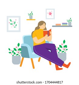 Young women siting in a chair and reading book at home illustration. Social distancing and self-isolation during corona virus quarantine.