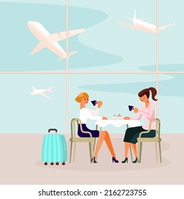 Young women sitting at the airport lounge cafe with suitcase. Flat Art Vector Illustration