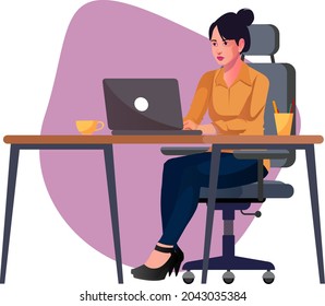 young women sitting in chair and making use of laptop vector illustration