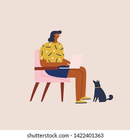 Young women sitting in a chair work on laptop at home or modern coworking space with dog. Freelancer working online illustration in vector.