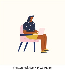Young women sitting in a chair working on laptop at home or  modern coworking space. Student studying online illustration in vector.  