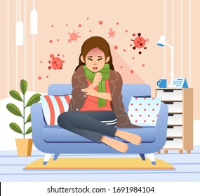 young women  sitting in couch has corona virus symptom like cough and fever vector illustration. used for social media poster, landing page and other