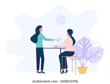 Young women is sitting at a desk with computer and his colleague is pointing to a screen and giving advice. Office business concept. Modern vector illustration.