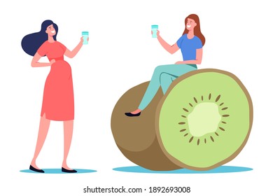 Young Women Sitting at Huge Kiwi Drinking Infused Water. Tiny Female Characters Detox Diet, Healthy Food, Fortified Nutrition, Fruits Source of Vitamin and Health. Cartoon People Vector Illustration