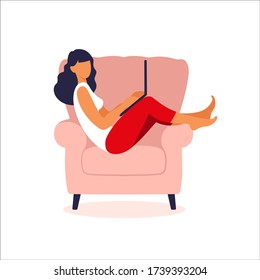 Young women sitting on chair with laptop. Concept of online shopping or surfing internet. Vector illustration in flat style.