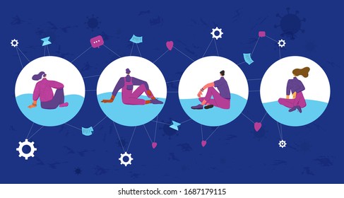 Young women sitting on the floor isolated. Coronavirus protection. Friends distance communication. 2019-nCoV. Social distancing and self-isolation during coronavirus quarantine. Vector illustration.