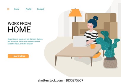 young women sitting on the floor and working with laptop, work from home landing page vector illustration. used for wesbite image, banner and other