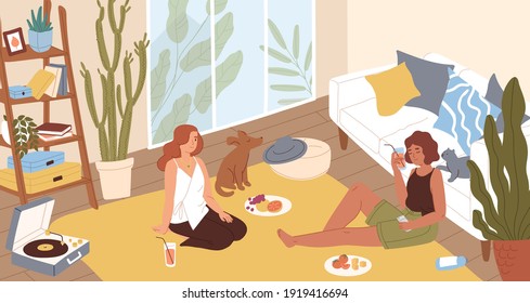 Young women sitting on floor and chilling in lounge at home. Female friends relaxing, listening to music, enjoying drinks and food in modern living room interior. Colored flat vector illustration