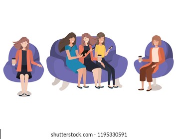 young women sitting on sofa avatar character