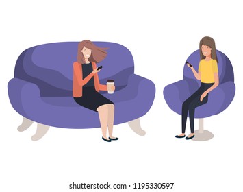 young women sitting on sofa avatar character