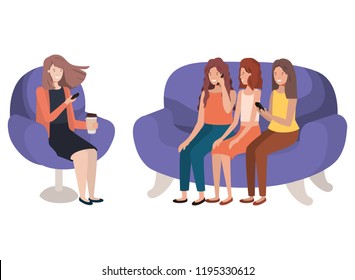 young women sitting on sofa avatar character