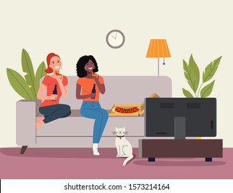 Young women sitting on sofa and eating pizza in the living room. Vector flat style illustration