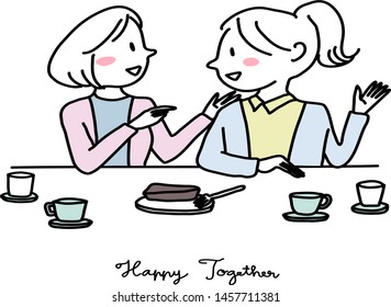 Young women sitting together at cafe. Women's friendship concept with cute female friends laughing and smiling together. Happy woman drinking tea or coffee together with friend in a coffee shop.