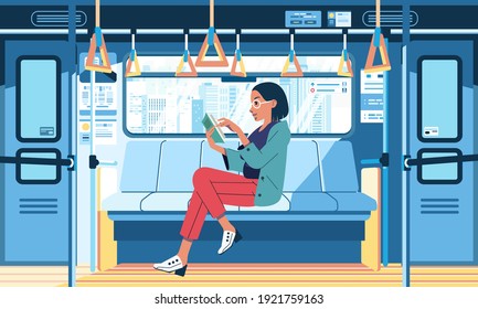 young women sitting while reading book in the train beside the window, train interior flat vector illustration. used for landing page illustraton, banner and other