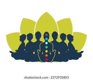 Young women sitting in yoga lotus pose. Happy relaxed female characters performing meditation exercise. Yoga studio concept