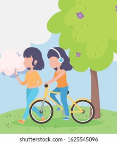 young women with smartphone and bicycle headphones outdoors vector illustration