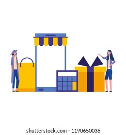 young women with smartphone ecommerce icons