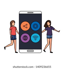 young women with smartphone and social media menu