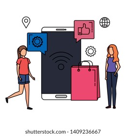 young women with smartphone and social media icons