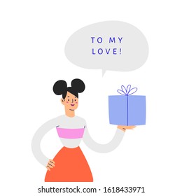 Young women with speech bubble carrying festive gifts with purchases. Girl holding presents, boxes for birthday, 8 march, Valentine's Day, Christmas. Cartoon characters isolated on white background 
