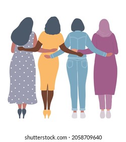 Las mujeres jóvenes se están parando y abrazando. Vista posterior. Concepto del Día Internacional de la Mujer. La comunidad de mujeres. Solidaridad femenina. Ilustración del vector