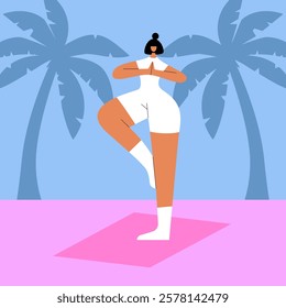 Young Women standing on the floor, meditating and performing breath control exercise. Yoga retreat, spiritual practice on the beach. Vipassana Buddhist meditation. Flat cartoon vector illustration.