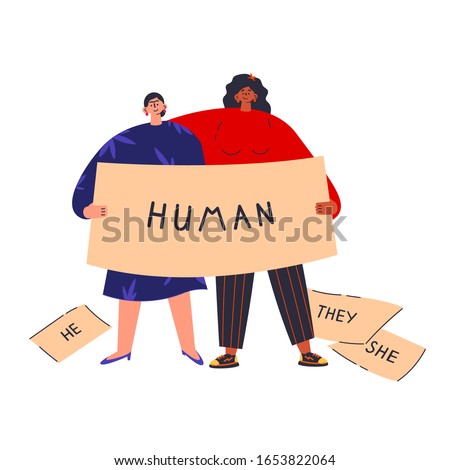 Young women standing with placard human.Inscription she,he,they.Gender-neutral movement.Teenager without gender stereotypes.Flat cartoon character on white background.Colorful vector illustration