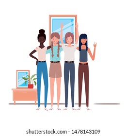 young women standing with sofa in white background