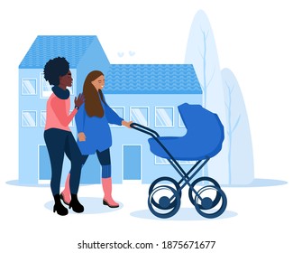 Mujeres jóvenes con un coche de bebé. Los padres caminan con un bebé en la ciudad. Pram sobre el fondo urbano. Ilustración plana vectorial. Niña recién nacida. Pasando tiempo juntos. Bienestar inmobiliario.