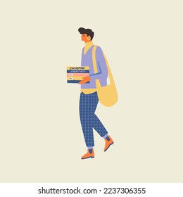 Young women student carrying bunch of books from the library or book store illustration in vector.