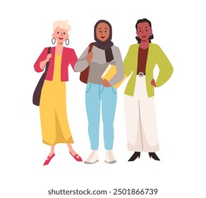 Jóvenes estudiantes de diferentes razas. Estudiantes musulmanas vistiendo hijab y sosteniendo un libro con amigos. Ilustración vectorial en estilo plano de dibujos animados. Educación universitaria o universitaria para mujeres árabes