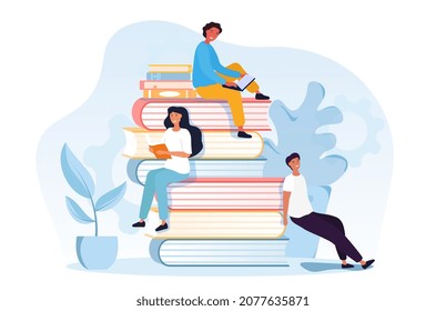 Young women are studying together with stack of books. Cheerful people reading literature immersing at fantasy world on white background. Flat cartoon vector illustration