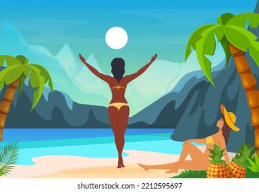 Young women sunbathing in bay of sea coast. Beautiful girls in swimwear enjoying rest at sea beach resort. One of girls standing with her arms outstretched, other sitting under palm tree vector