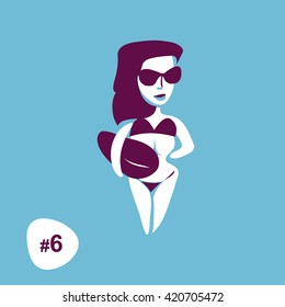 Young women in a sunglasses holding serfboard in retro three color print. Concept for vacations and active recreation. Vector artwork for girl summer t shirt. Vector isolated illustration. 