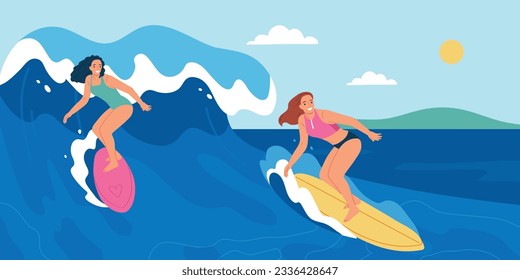 Young women surfing on vacation flat vector illustration