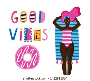 Young women swimming in the beach: Good vibes. Vector illustration pattern. – Vector in pink and blue colours