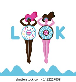 Young women swimming in the beach: look. Vector illustration pattern. – Vector in pink and blue colours