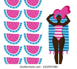 Young women swimming in the beach with watemelon slice. Vector illustration pattern. – Vector in pink and blue colours