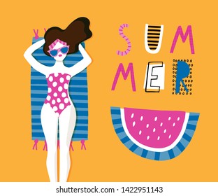 Young women swimming in the beach with watemelon slice. Vector illustration pattern. – Vector in pink and blue colours