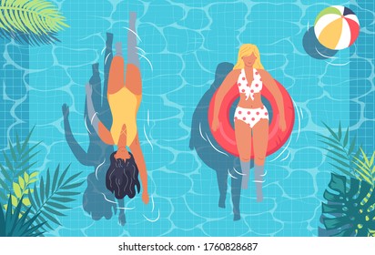 Mujeres jóvenes nadando en la ilustración vectorial de la caricatura de la piscina azul
