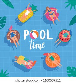 Young women swimming in the pool on rubber rings. Vector illustration.