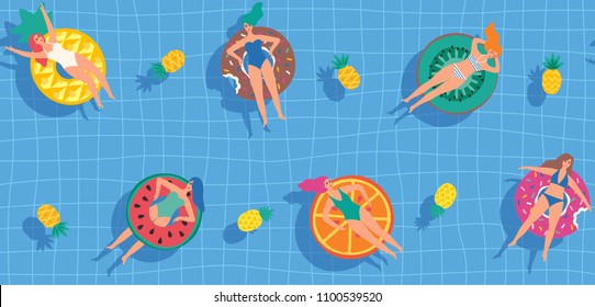 Young women swimming in the pool on rubber rings. Seamless pattern. Vector illustration.