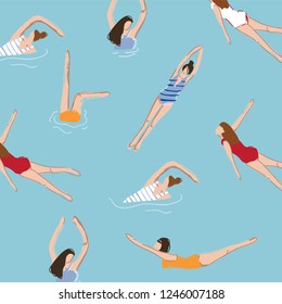 Young women swimming in the pool. Seamless pattern. Vector illustration. Summer pattern print
