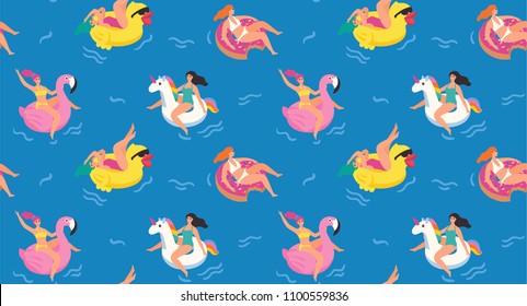 Young women swimming in the sea on rubber rings. Seamless pattern. Vector illustration.