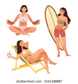 Young women in swimsuits. Girls are engaged in summer holidays, sunbathing, surfing, picnic on the beach. Cartoon vector illustration
