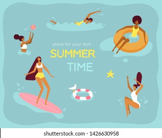 Young women in swimsuits have a fun time, play on the ball, swim, dive, surf and lie on tube in the water. Flat design, trendy style, minimal. Template for summer time poster, place for your text